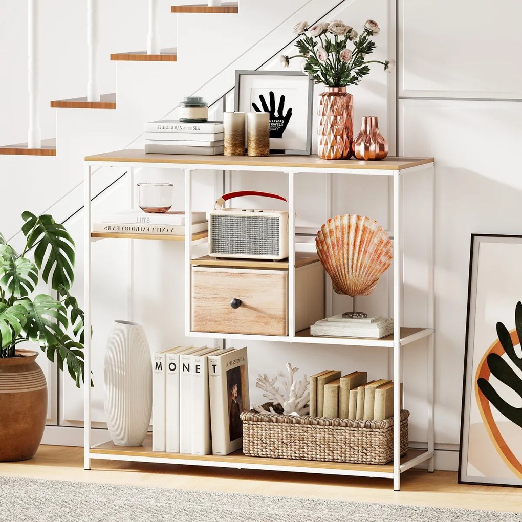 Mesa Consola 100 cm com Gaveta de Armazenamento e Estante de 4 Níveis Estilo Industrial para Sala e Corredor Natural e Branco