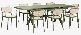 Conjunto Mesa Rectangular 180-240x90 Cm Extensível Alumínio Karena E 8 Cadeiras De Jardim Empilháveis Com Braços Omara Verde Azeitona Intenso - Sklum