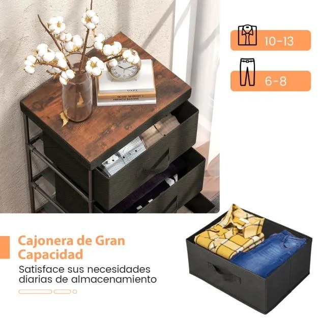 Conjunto 2 Mesas de cabeceira, mesas de apoio com 3 gavetas tecido Estrutura metálica 40 cm x 30 cm x 62 cm Preto e Castanha
