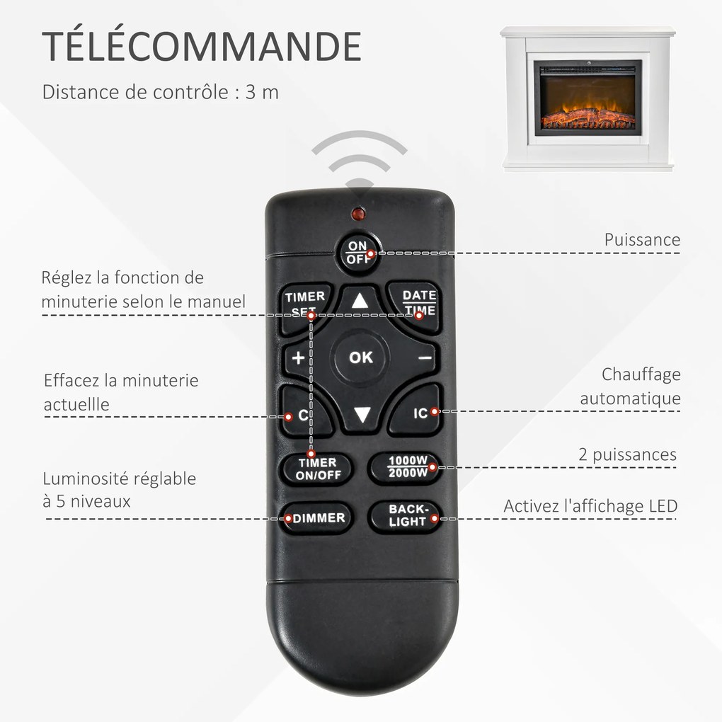 Lareira elétrica de grandes dimensões 98 x 27,5 x 80 cm, 2000 W, efeito de chamas LED, temporizador, temperatura e luminosidade reguláveis, comando à