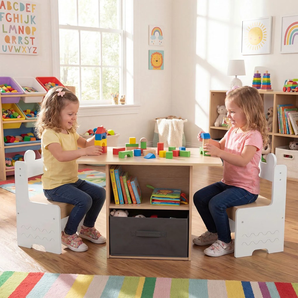 Conjunto de mesa e 2 cadeiras infantis; mesa de atividades com gavetas; tecido; dobrável; compartimentos de arrumação; para crianças a partir dos 3 an