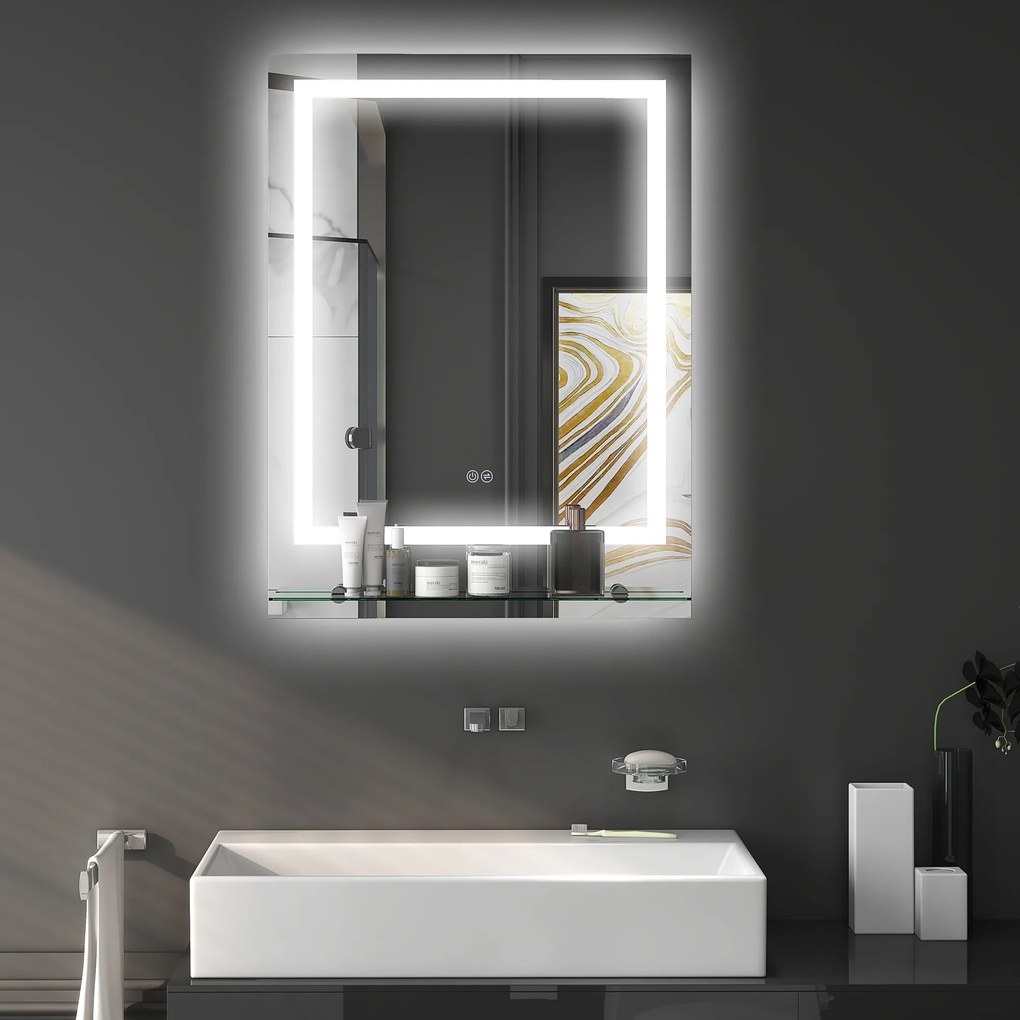 Espelho retangular 80 x 60 cm de parede com iluminação LED para casa de banho