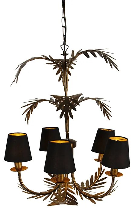 Candeeiro de teto dourado com abajur de algodão preto 5 luzes - Botanica Rústico