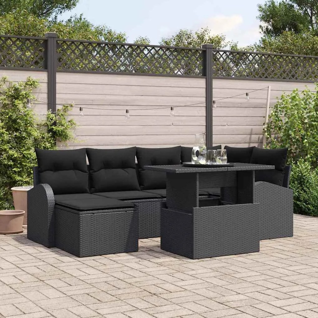 vidaXL Conjunto de Sofá em 7 Peças para Jardim com Almofadas Preto Rattan PE