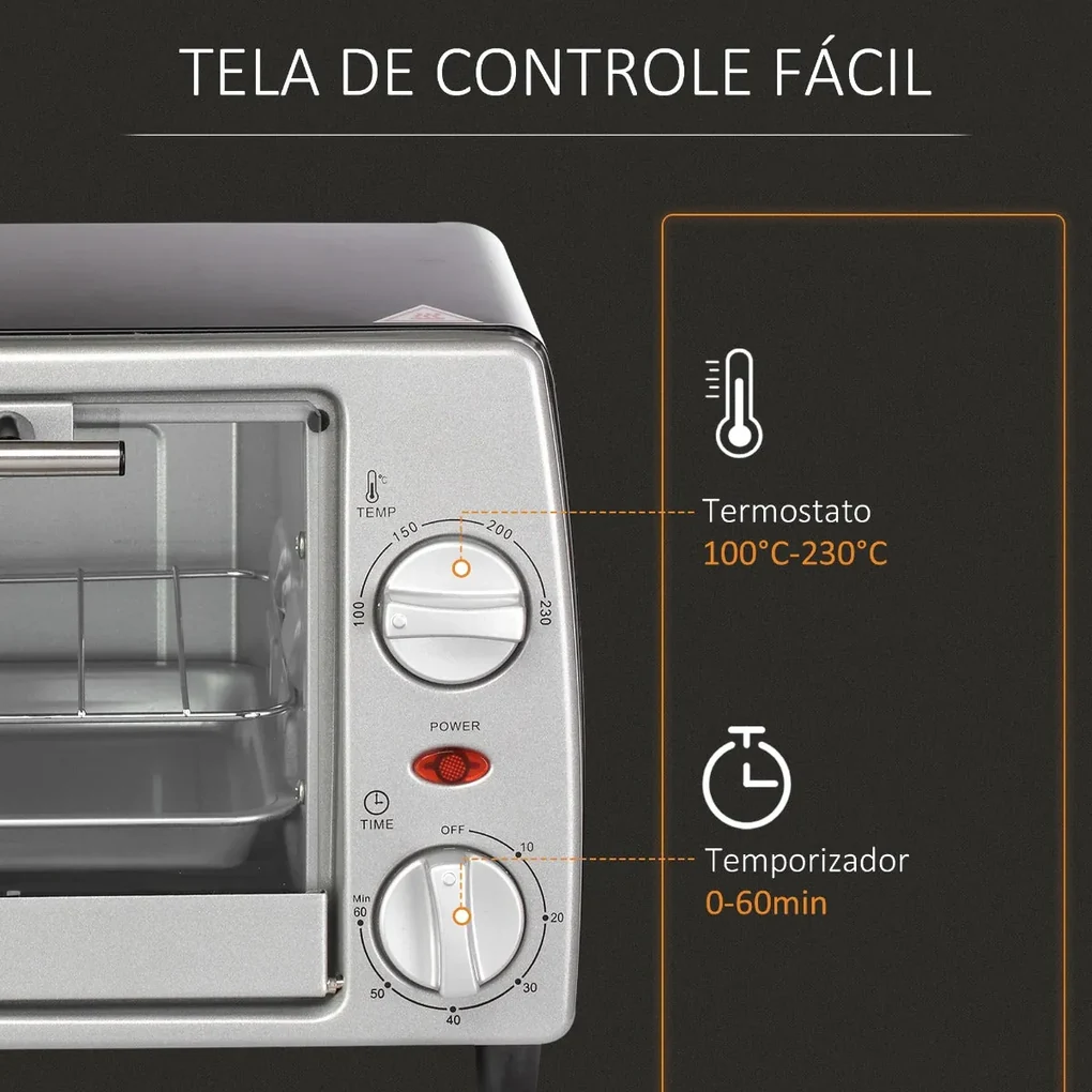 Mini Forno de Convecção 32L 16000 com 3 Modos de Aquecimento Temperatura  até 230 °C, 52,2x38,1x33,5cm Preto