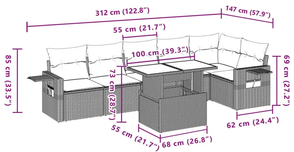 7 pcs conj. sofás jardim com almofadões vime PE cinzento-claro