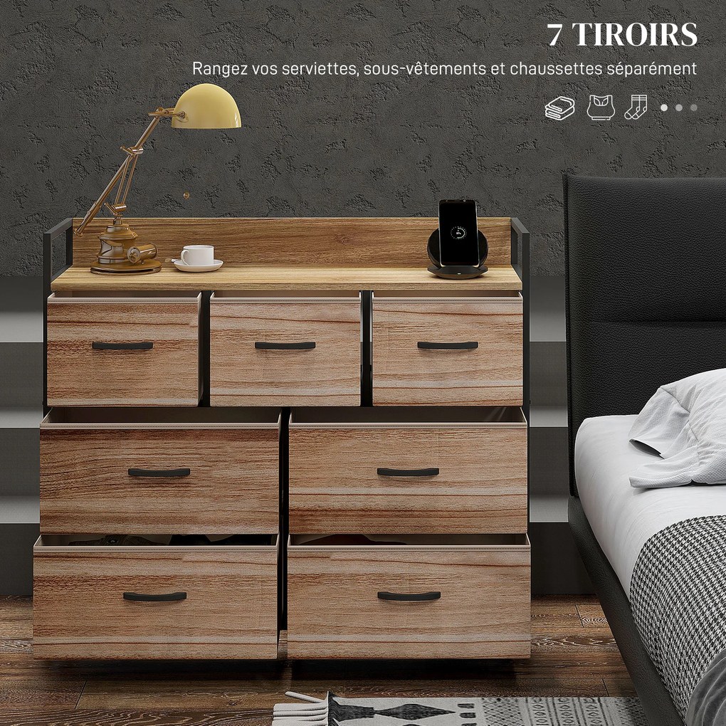 Cómoda com 7 gavetas, móvel de arrumação com gavetas em tecido dobrável - estrutura em aço preto - 98 x 29 x 85 cm