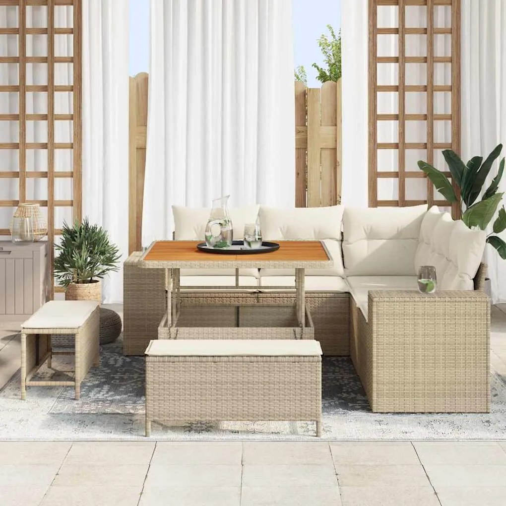 Conjunto de Sofá de Jardim 8 Peças com Almofadas de Rattan Bege em Pol