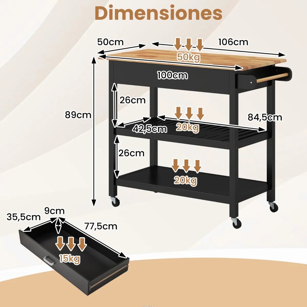 Carrinho de cozinha 106 cm x 50 cm x 89 cm com bancada de madeira, gaveta, 2 prateleiras abertas, barra para pendurar e rodas com travão, natural e pr