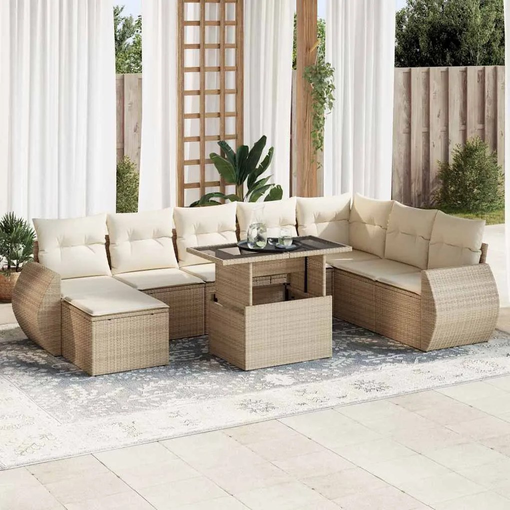 vidaXL 9 pcs conjunto de sofás p/ jardim com almofadões vime PE bege