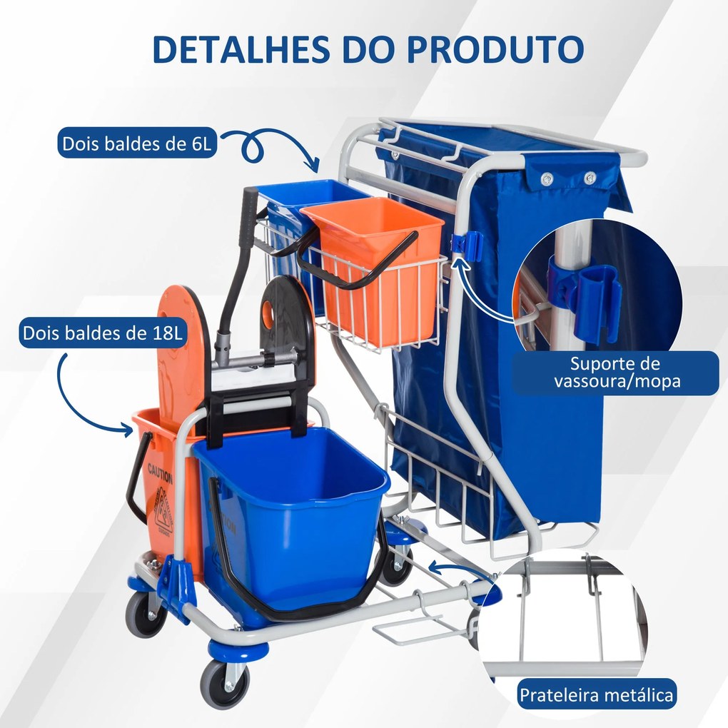 Carro de Limpeza Profissional com Balde Duplo Removível de 18 Litros E