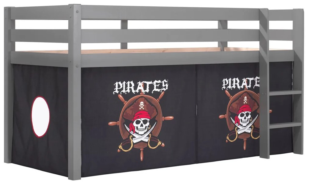 Cama alta de Criança PINO 90 x 200 cm + estrado + escada + cortina piratas Cinzenta