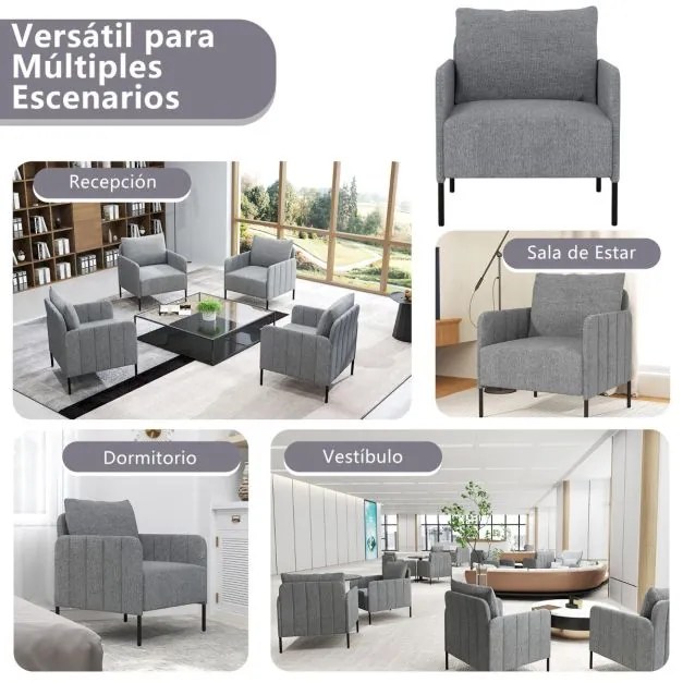 Sofá individual com almofada e pés ajustáveis Cadeira moderna de leitura 73 x 79 x 79 cm Cinza