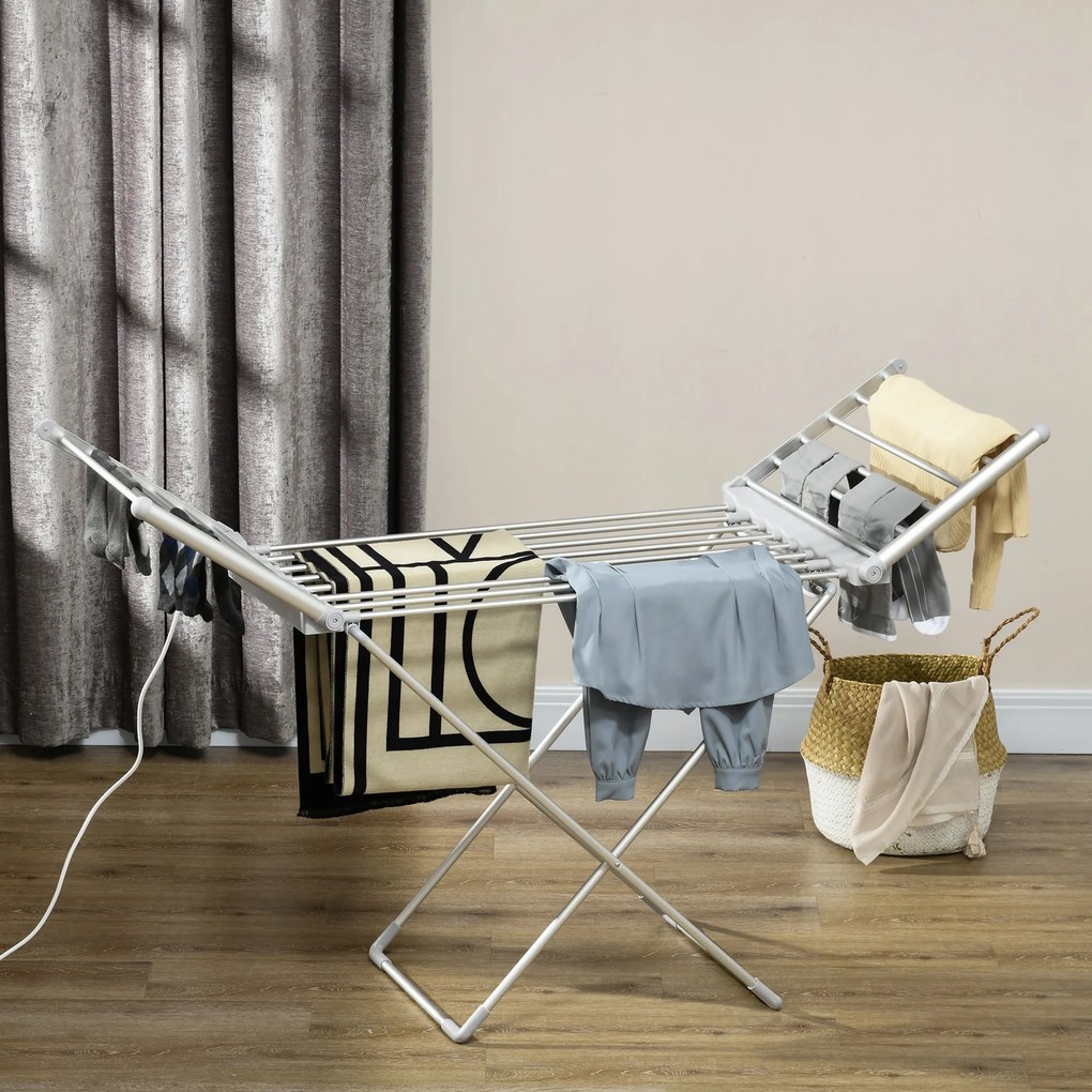 Estendal elétrico para roupa com 2 alas laterais extensíveis e estrutura em liga de alumínio, 144 x 53 x 91 cm
