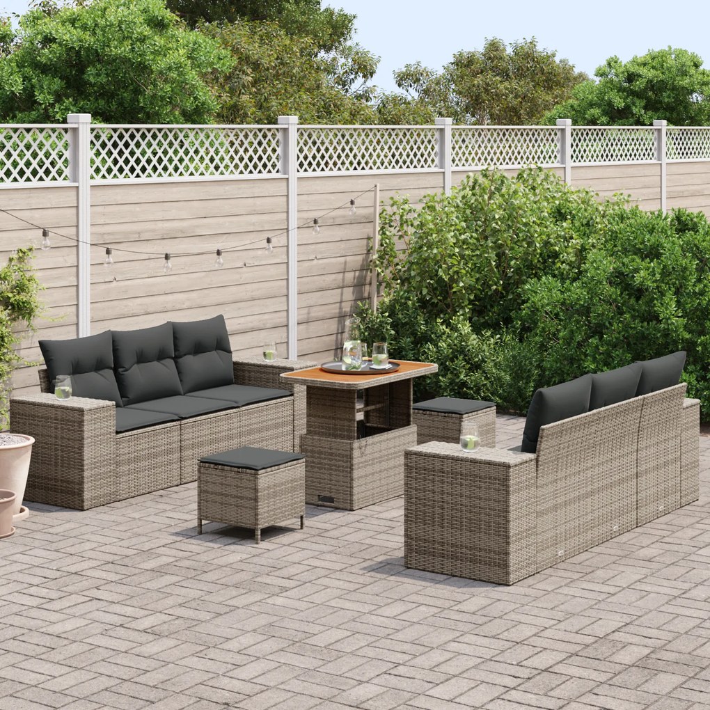 Conjunto de Sofá de Jardim vidaXL 9 Peças com Almofadas Cinza Vime Sin