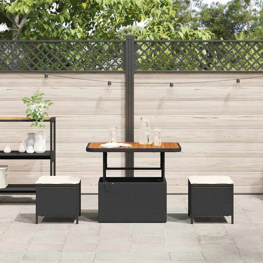 Conjunto de Jantar de Jardim com 3 Peças e Almofadas Preto Vime Rattan