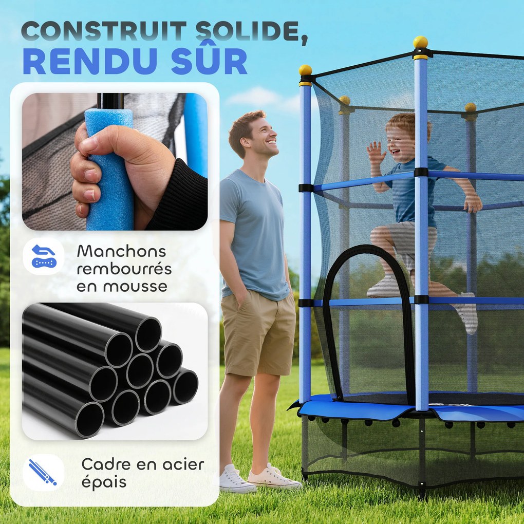 Trampolim infantil Ø 1,40 × 1,90 m (altura) Rede de segurança Porta com fecho de correr Proteção para molas 6 postes almofadados Incluído Azul