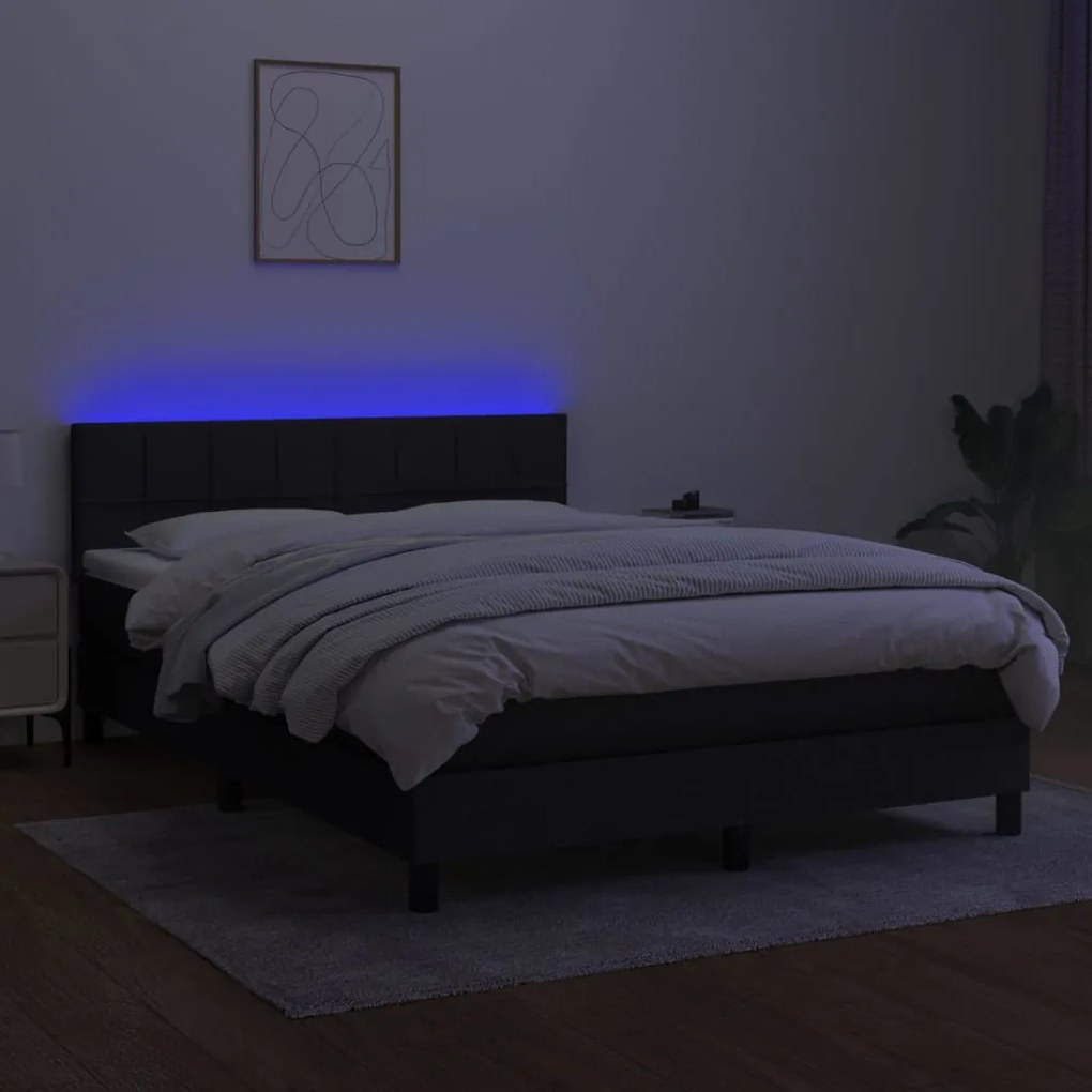 Cama box spring c/ colchão e LED 140x200 cm tecido preto