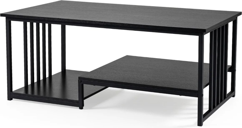 Mesa de centro retangular 110 x 60 x 45 cm com 2 prateleiras de arrumação, Estrutura metálica resistente, mesa moderna para sala de estar Preta