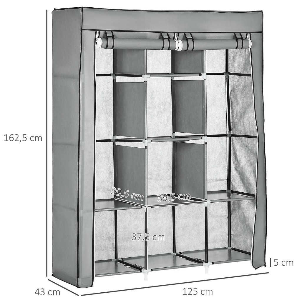 HOMCOM Roupeiro de Tecido Dobrável Armário Portátil com 8 Prateleiras de Armazenamento e 2 Barras de Pendurar Organizador de Roupa para Dormitório Vestidor 125x43x162,5cm Cinza Claro