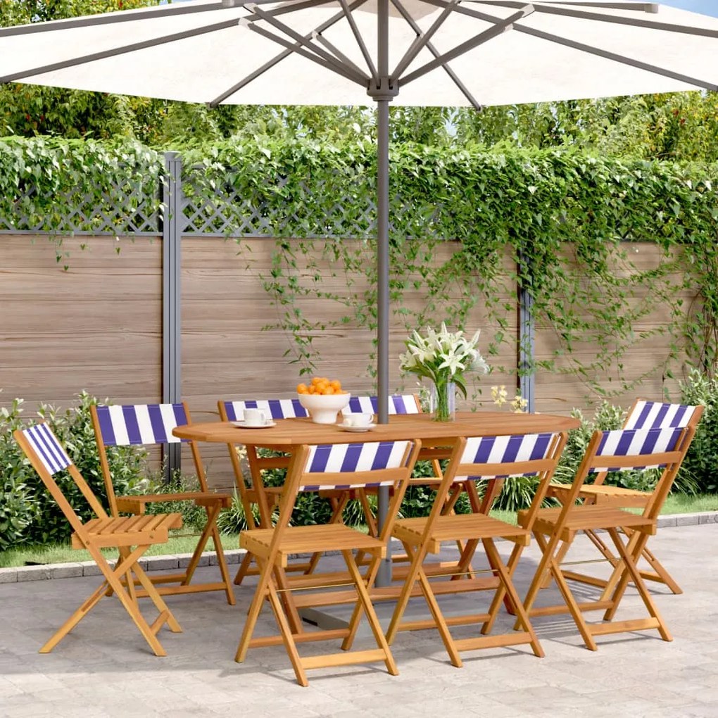Cadeiras de jardim dobráveis 8 pcs tecido/madeira azul e branco