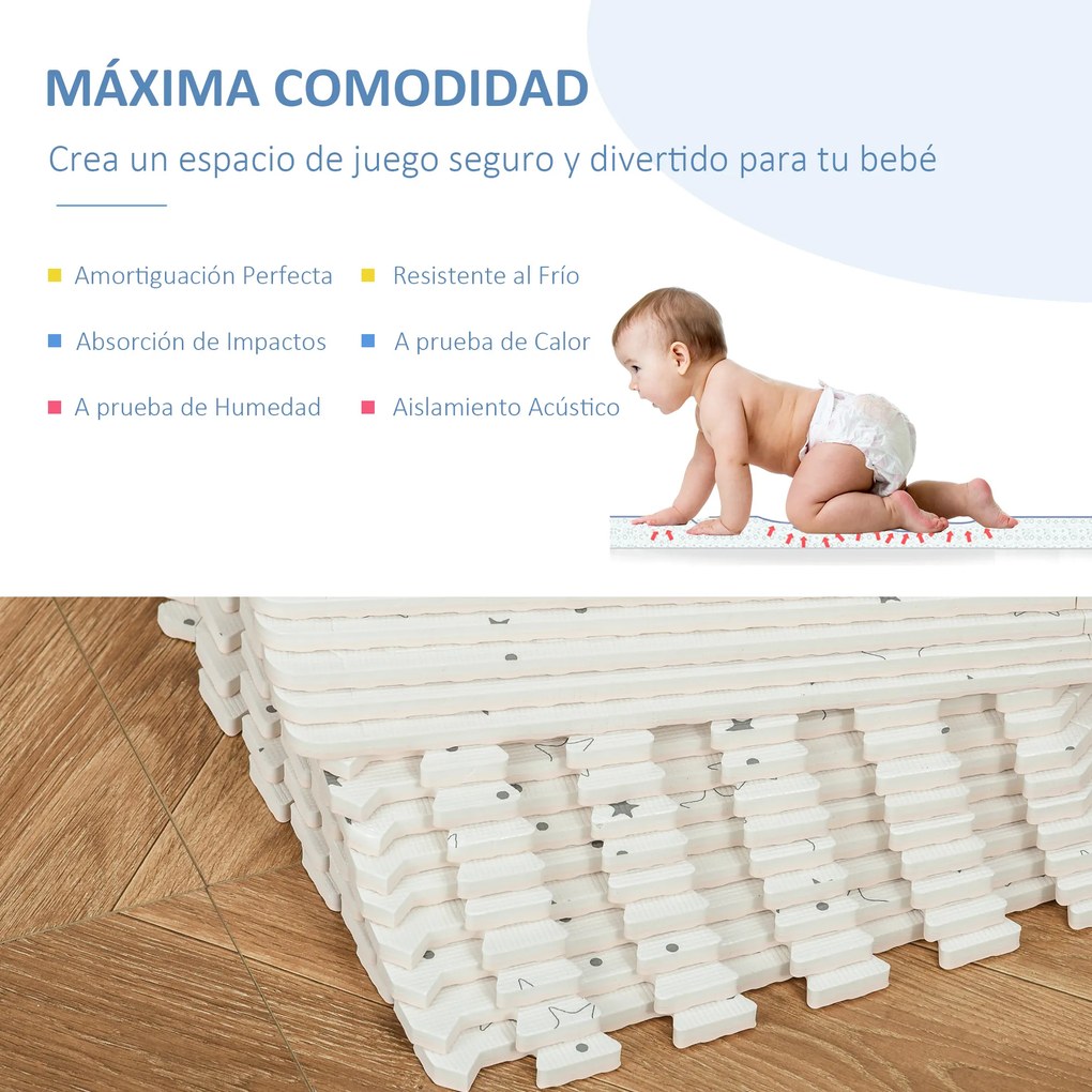 HOMCOM Tapete Puzzle para Bebés 36 Peças 31,5x31,5cm Quebra Cabeça Infantil Modelo Estrelas de Espuma EVA Área de Cobertura 3,24m² Branco