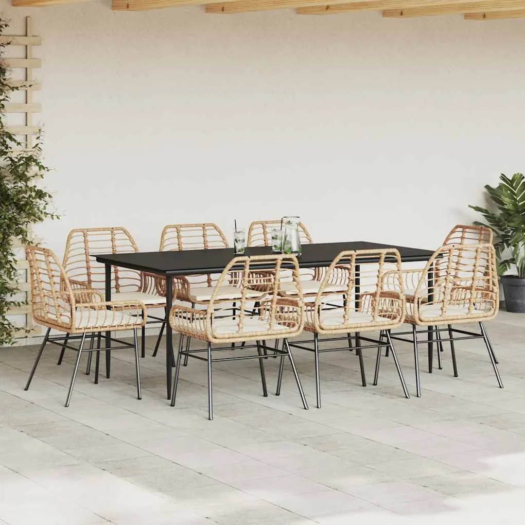 Conjunto jantar jardim 9 peças almofadas vidro vime PE castanho