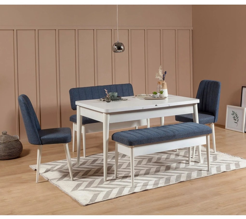 Conjunto Mesa de Jantar Extensível e Cadeiras Vina – Branco e Azul Esc