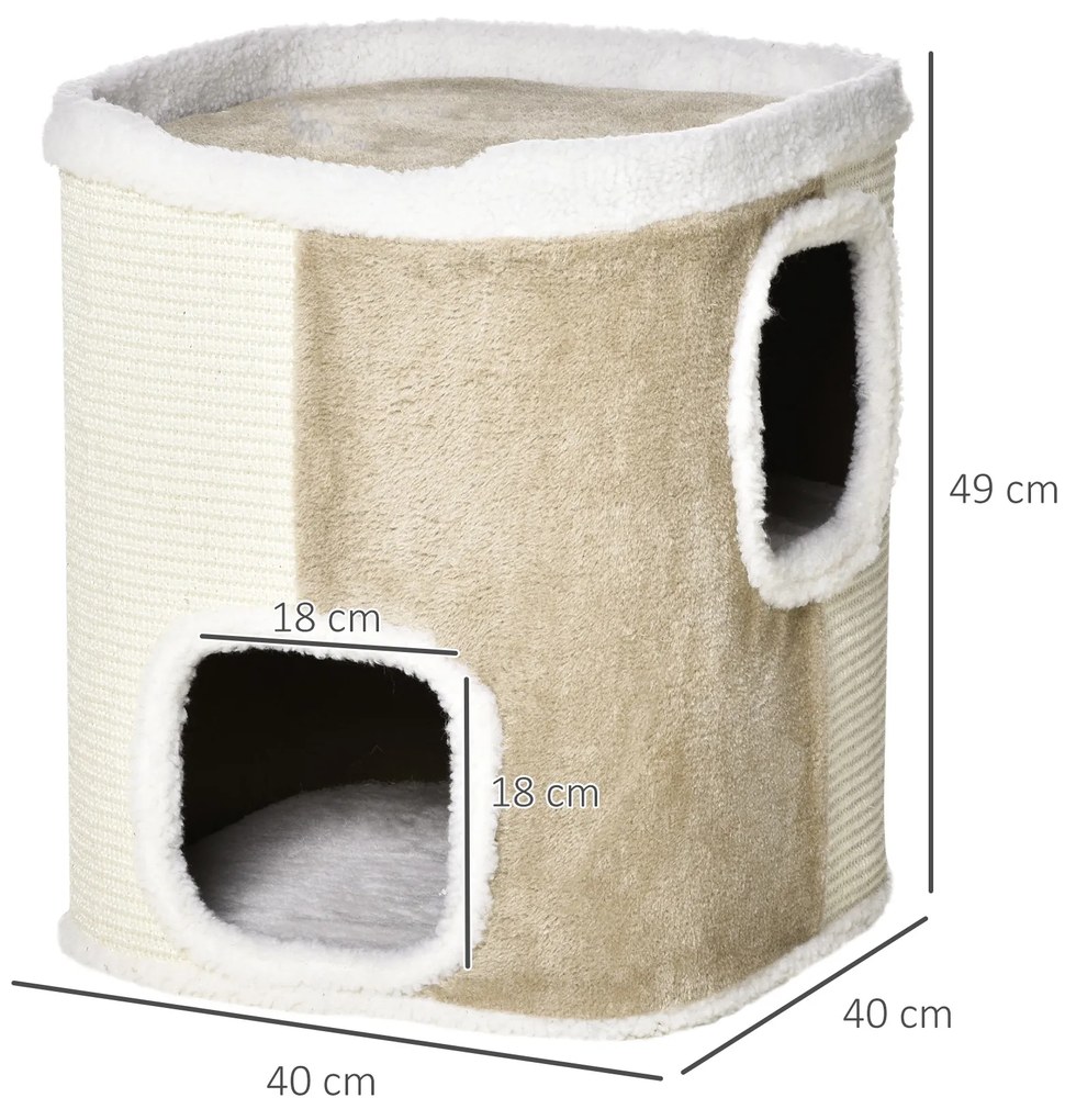 Barril Arranhador para Gatos de 2 Níveis com Caverna de Sisal Pelúcia Suave e Plataforma de Velo 40x40x49cm Bege