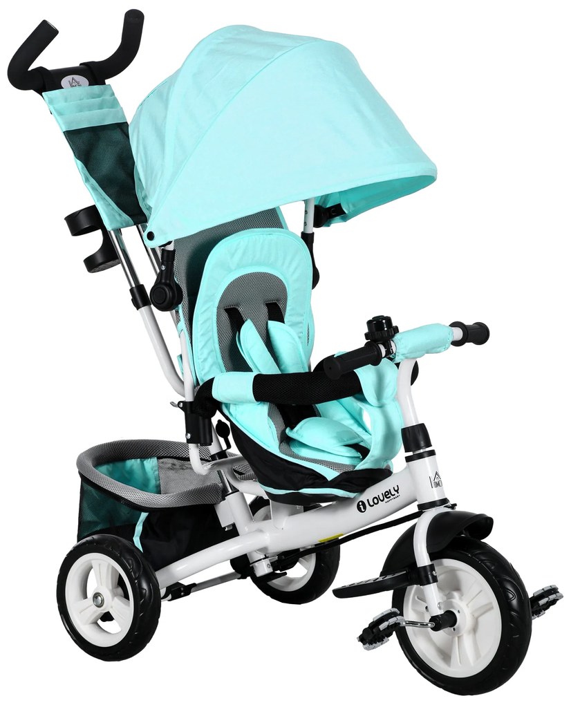 Triciclo para Bebés 2 em 1 de +12 Meses com Capota Dobrável Guiador Telescópico e Removível Bolsa e Porta-Garrafas Verde Água