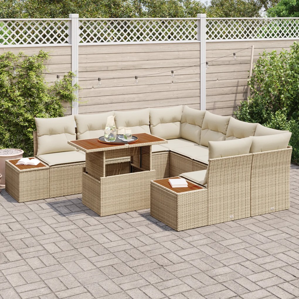 Conjunto de Sofá de Jardim de 9 Peças com Almofadas Bege de Rattan Pol