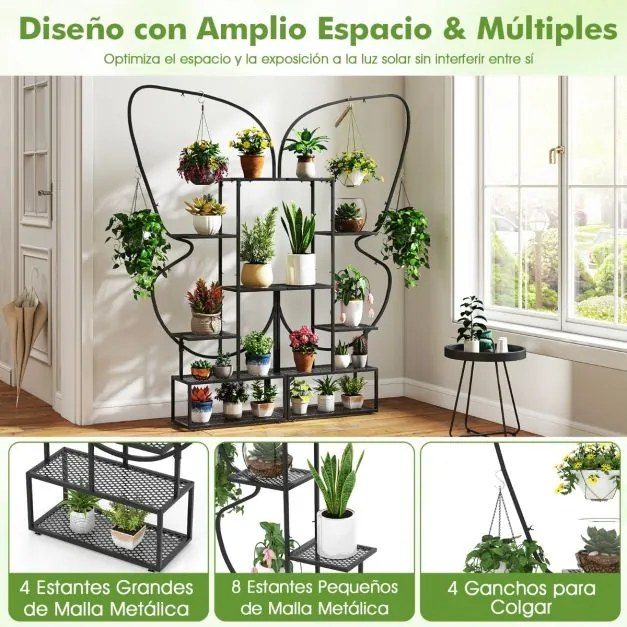 Suporte para plantas de metal 56 x 26 x 185 cm com 6 níveis, 12 prateleiras de malha metálica e 4 ganchos preto