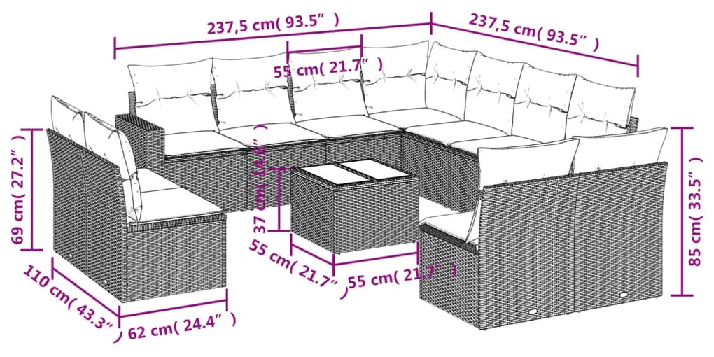 12 pcs conjunto de sofás p/ jardim com almofadões vime PE bege