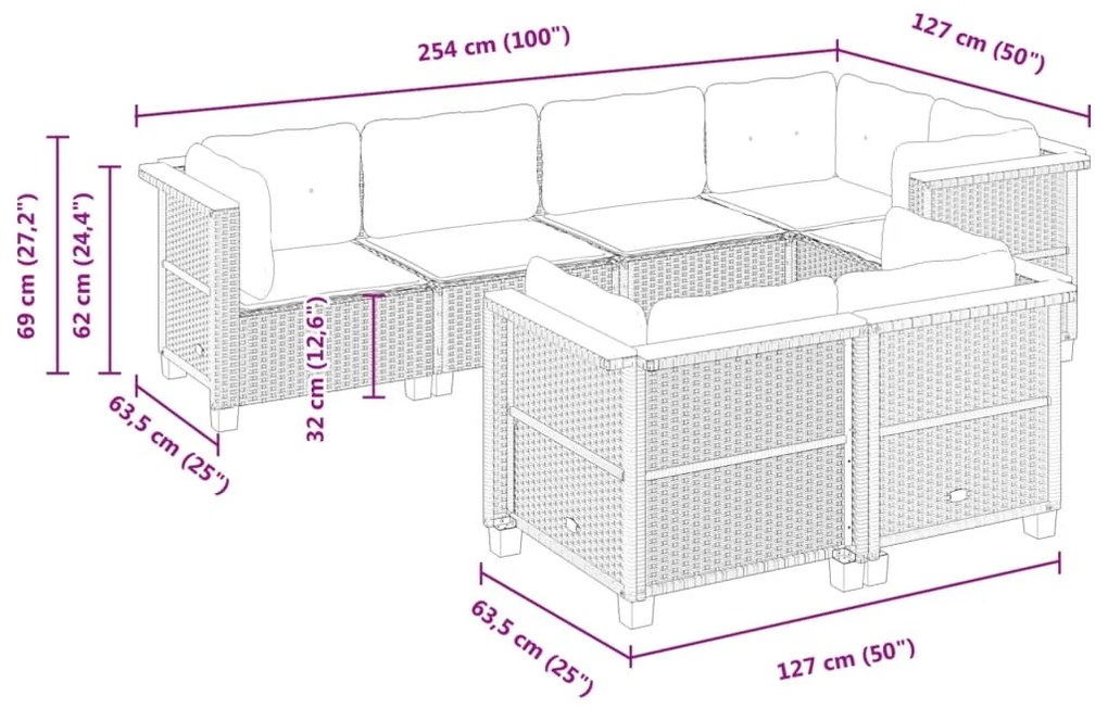 7 pcs conjunto de sofás p/ jardim com almofadões vime PE bege