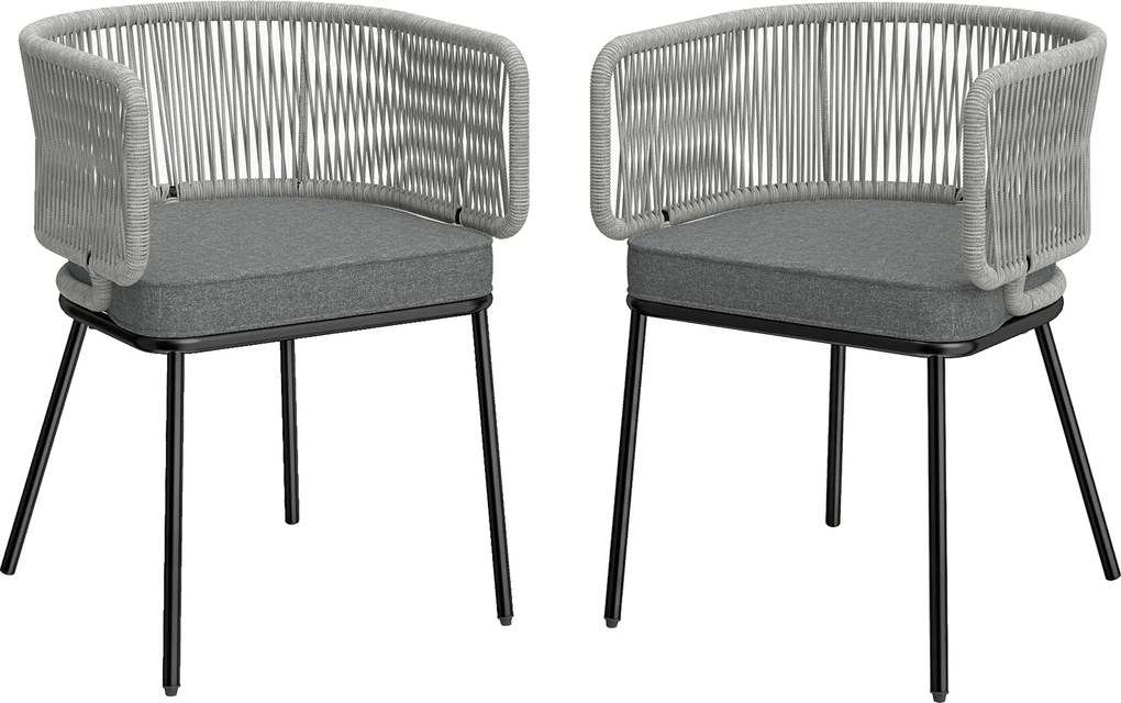 Outsunny Conjunto de 2 Cadeiras de Jardim em Vime Sintético com Almofadas Apoios de Braços e Estrutura de Aço 55x57x75 cm Cinzento Claro | Aosom Portugal