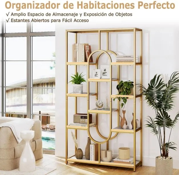 Estante de 5 níveis 95 x 30 x 175 cm com Prateleiras Abertas com Forma Ovalada Moldura Branca e Dourada