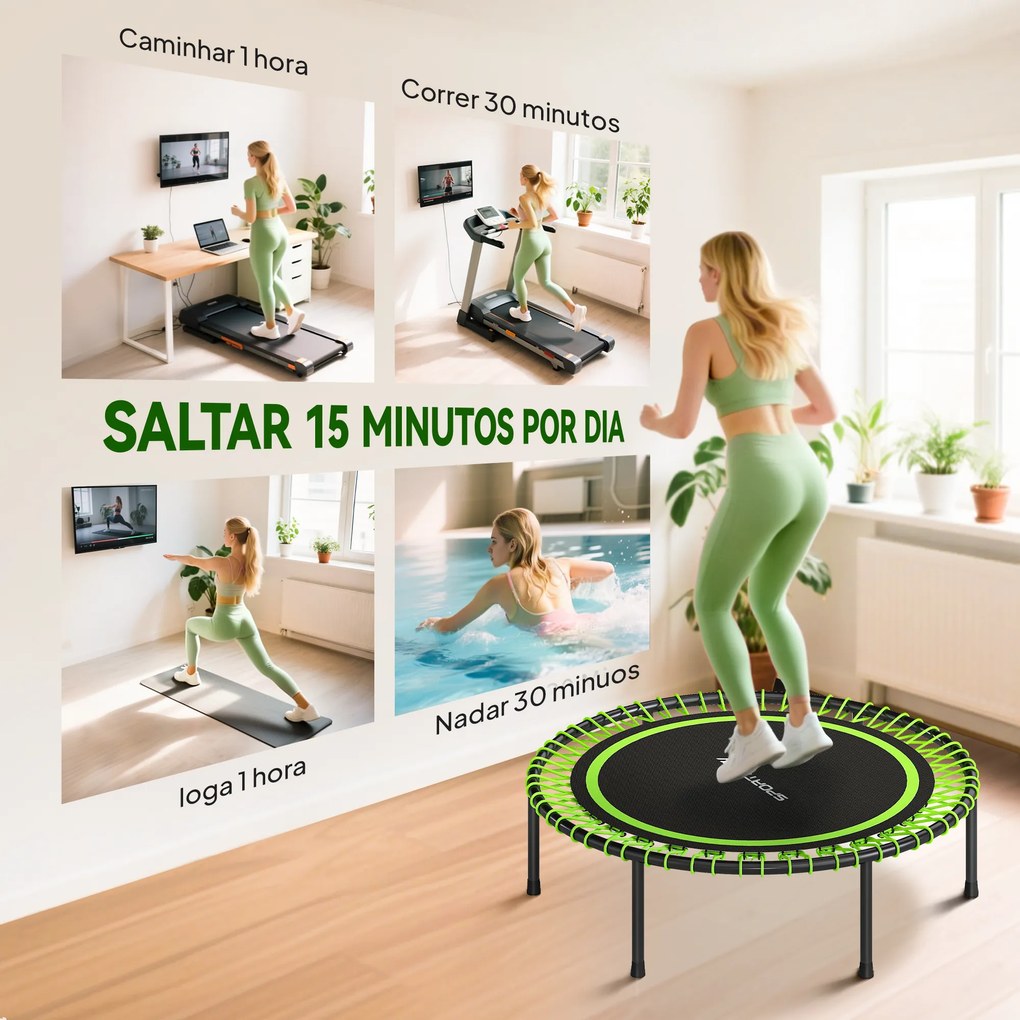 Trampolim de Fitness Adultos Ø114 cm com Estrutura de Aço Reforçada para Treino de Pernas Corpo Verde e Preto