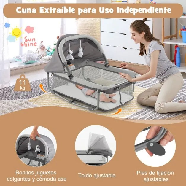 Berço e Centro de atividades bebés portátil 5 em 1 com berço de proteção, trocador de fraldas, colchão removível, 2 rodas, 110 x 78 x 78 cm, cinza