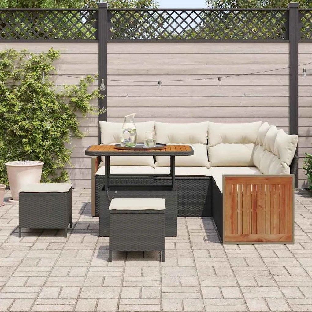 Conjunto de Sofá de Jardim de 8 Peças com Almofadas Pretas de Rattan P