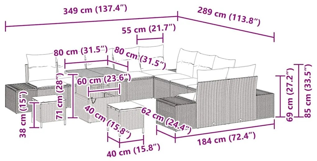 Conjunto de Sofá de Jardim 13 Peças com Almofadas Bege em Rattan de Ac