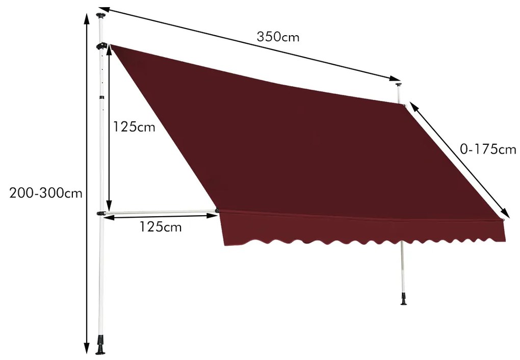 Toldo 350 x 125 cm Exterior telescópico Altura Ajustável 2-3 m com Manivela e Resistente às Intempéries Toldo Manual para Jardim e Varanda Cor Vinho