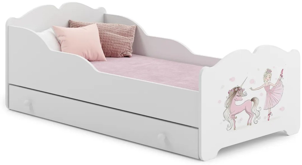 Cama infantil ANNA branca com gaveta 160x80 - princesa e unicórnio - colchão e estrado incluído