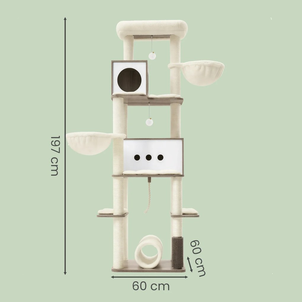 Arranhador para gatos de vários andares com cavernas 60 x 60 x 197 cm bege