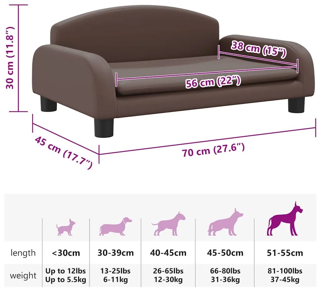 Cama para cães 70x45x30 cm couro artificial castanho