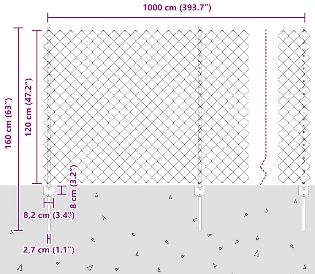 Cerca de Cadeia com 20 Postes U Prateados 1,2x10 m de Aço