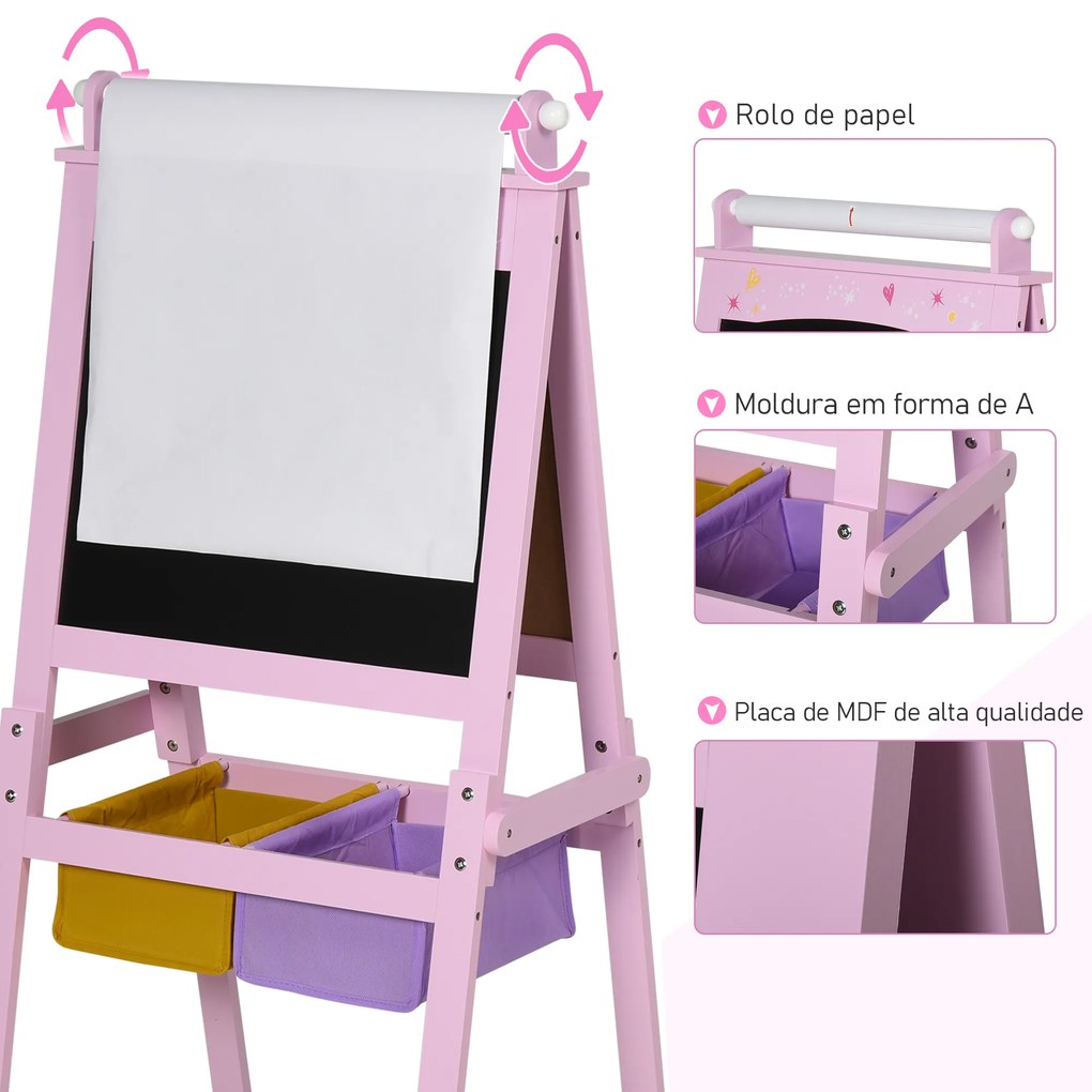 Cavalete Infantil 3 em 1 Cavalete de Arte para Crianças com Quadro Rolo de Papel e 2 Cestos 58,5x50,5x118 cm Rosa