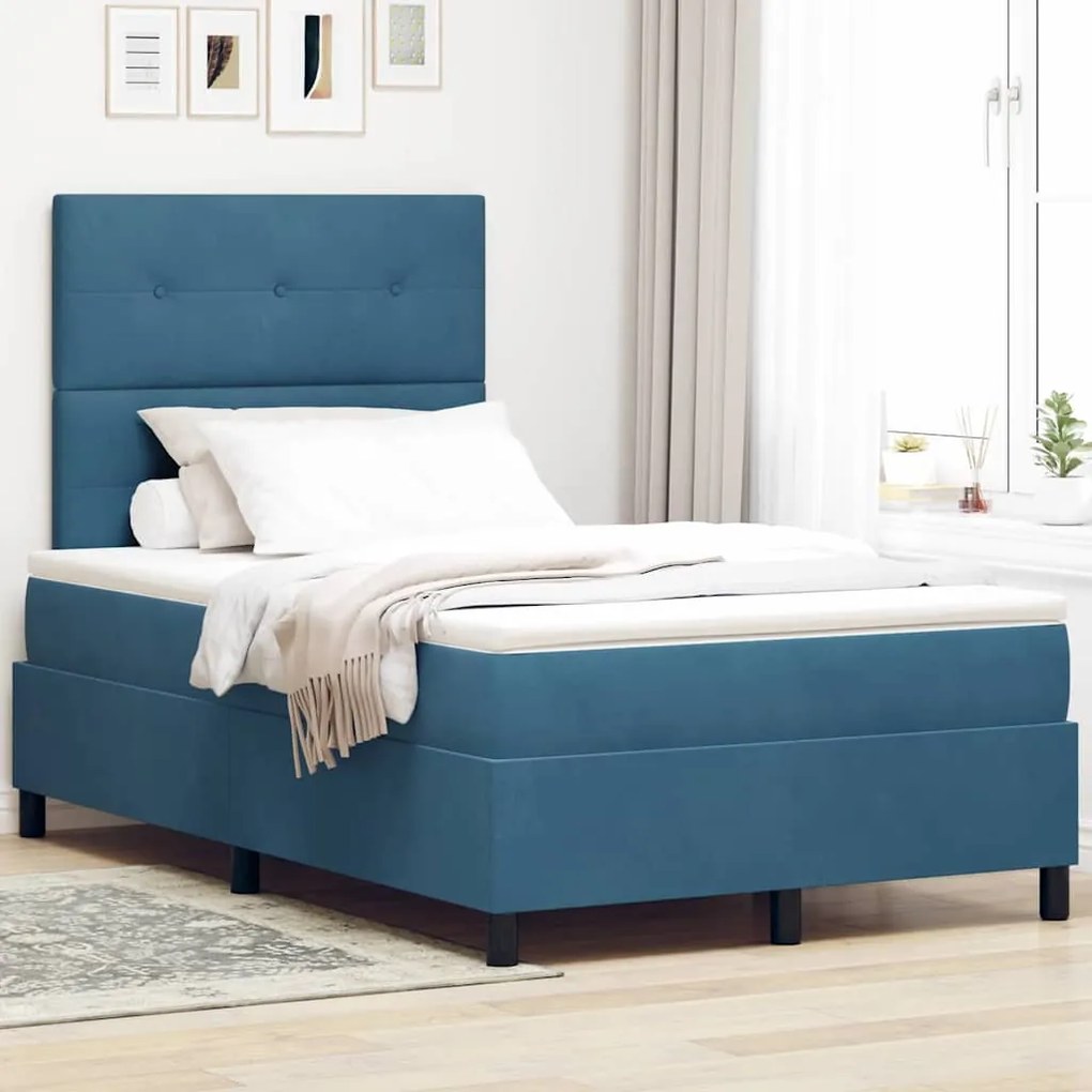 vidaXL Cama Box Spring LED com colchão Azul Escuro 120 x 200 cm tecido