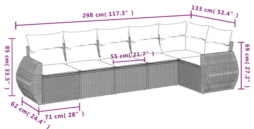 6 pcs conjunto de sofás jardim c/ almofadões vime PE castanho