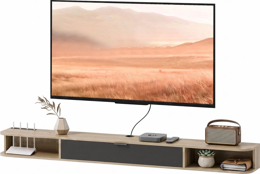 Móvel de TV suspenso 180 x 24 x 16 cm, móvel para televisores até 75 polegadas, gaveta rebatível, 2 prateleiras, cor madeira natural e preto