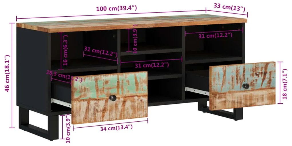 Móvel de TV 100x33x46 cm madeira recuperada maciça e derivados
